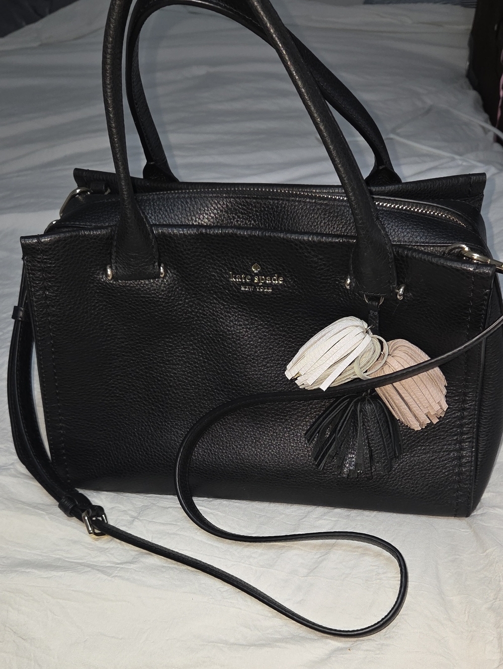 kate spade Black Pebbled Leather Satchel with Multi-Color Tassel Charm